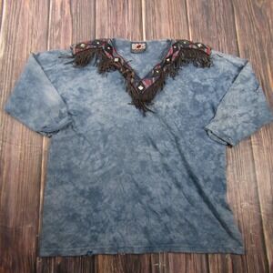 BOOS Shirt Womens One Size Blue Fringe V Neck Long Sleeve Boho Western Tunic